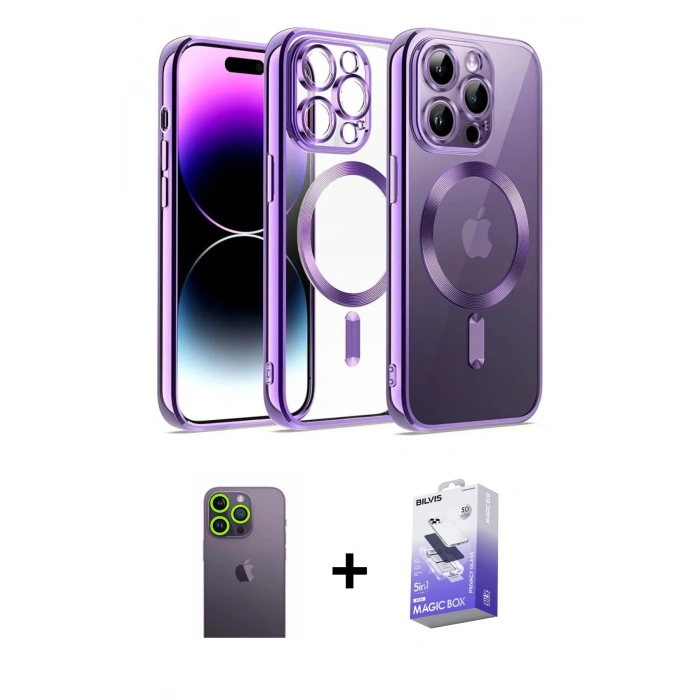 MARSİLYAN™- iPhone 13 Pro Max Kılıf Nova Işık Özel Seri - Siyah Bilvis 5in1 5D Magic Hayalet Cam Ekran Koruyucu + Neon Fosforlu Kamera Lens - YL