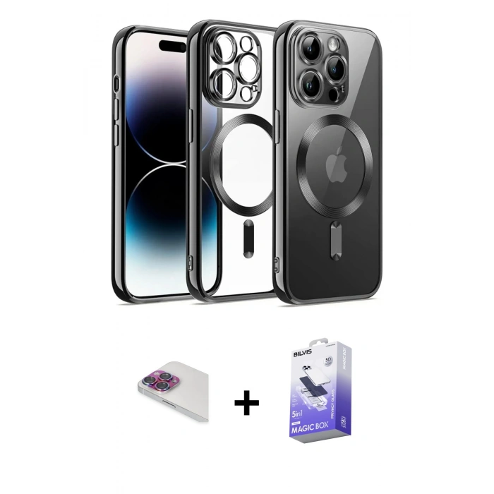 MARSİLYAN™- iPhone 13 Pro Max Kılıf Nova Işık Özel Seri - Siyah Bilvis 5in1 5D Magic Hayalet Cam Ekran Koruyucu + Pers Alüminyum Kamera Lens - GI