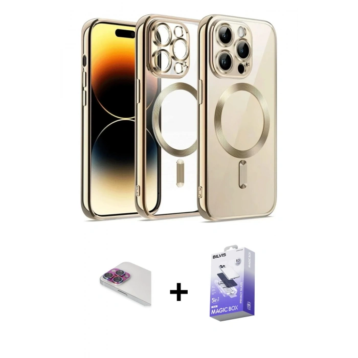 MARSİLYAN™- iPhone 13 Pro Max Kılıf Nova Işık Özel Seri - Siyah Bilvis 5in1 5D Magic Hayalet Cam Ekran Koruyucu + Pers Alüminyum Kamera Lens - GI