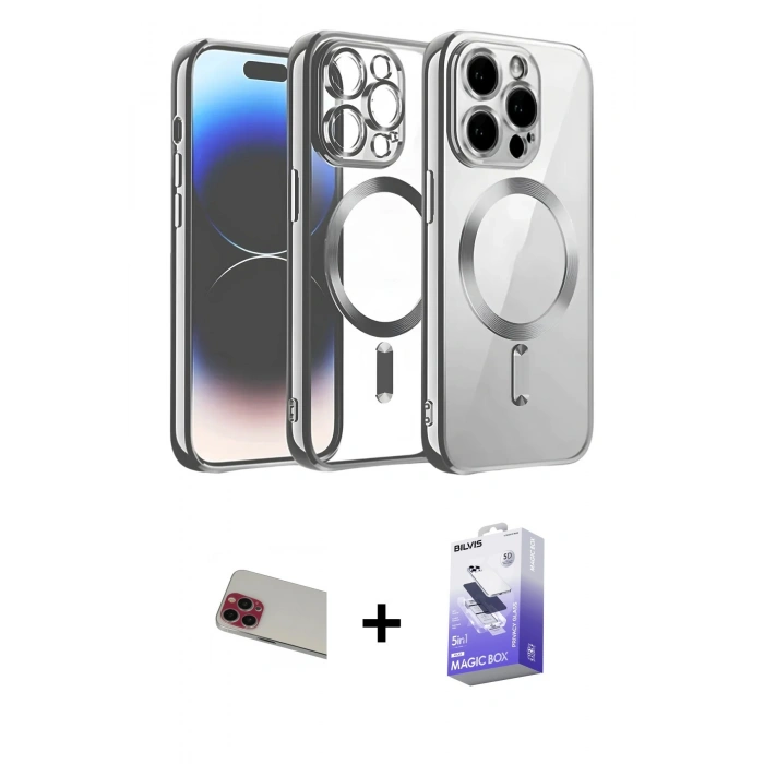 MARSİLYAN™- iPhone 13 Pro Max Kılıf Nova Işık Özel Seri - Siyah Bilvis 5in1 5D Magic Hayalet Cam Ekran Koruyucu + Rainbow Kamera Lens Koruma Cam - KI