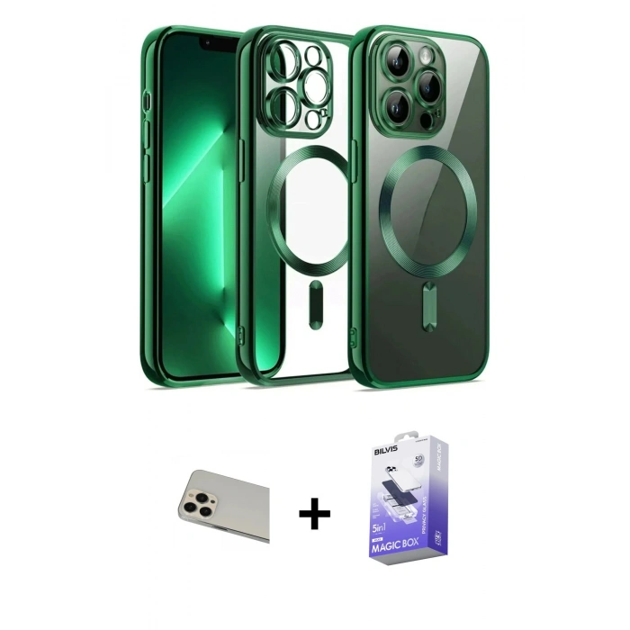 MARSİLYAN™- iPhone 13 Pro Max Kılıf Nova Işık Özel Seri - Siyah Bilvis 5in1 5D Magic Hayalet Cam Ekran Koruyucu + Rainbow Kamera Lens Koruma Cam - REGD