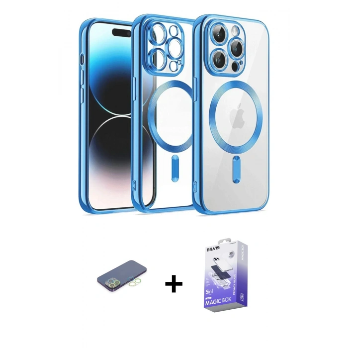 MARSİLYAN™- iPhone 13 Pro Max Kılıf Nova Işık Özel Seri - Siyah Bilvis 5in1 5D Magic Hayalet Cam Ekran Koruyucu + Renkli Kamera Lens Koruma Cam - YL