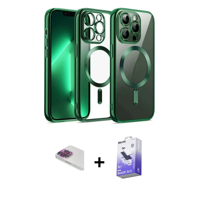 MARSİLYAN™- iPhone 13 Pro Max Kılıf Nova Işık Özel Seri - Siyah Bilvis 5in1 5D Magic Hayalet Cam Ekran Koruyucu + Pers Alüminyum Kamera Lens - GI