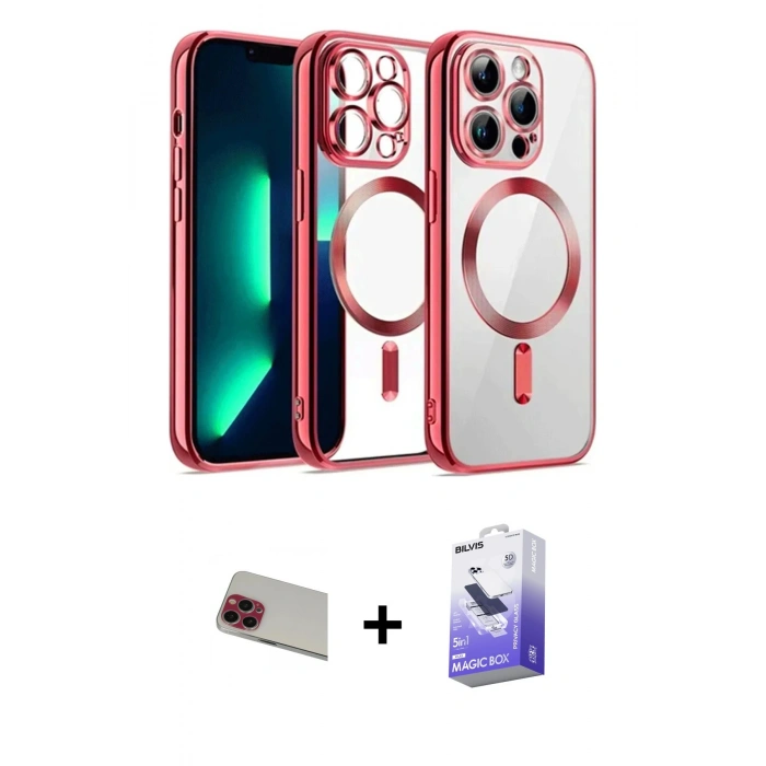 MARSİLYAN™- iPhone 13 Pro Max Kılıf Nova Işık Özel Seri - Siyah Bilvis 5in1 5D Magic Hayalet Cam Ekran Koruyucu + Rainbow Kamera Lens Koruma Cam - KI