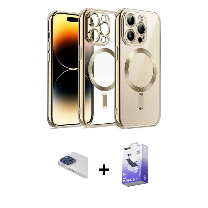 MARSİLYAN™- iPhone 13 Pro Max Kılıf Nova Işık Özel Seri - Siyah Bilvis 5in1 5D Magic Hayalet Cam Ekran Koruyucu + Pers Alüminyum Kamera Lens - LT