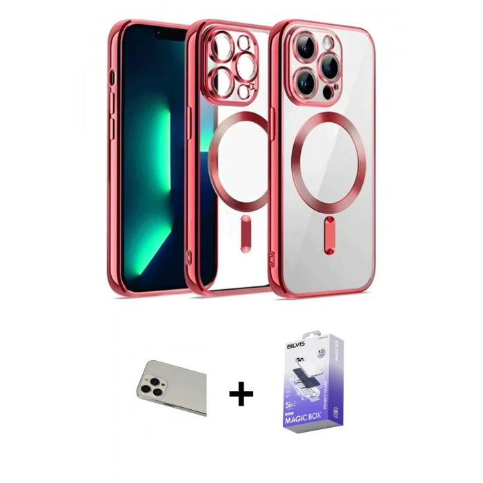 MARSİLYAN™- iPhone 13 Pro Max Kılıf Nova Işık Özel Seri - Siyah Bilvis 5in1 5D Magic Hayalet Cam Ekran Koruyucu + Rainbow Kamera Lens Koruma Cam - REGD