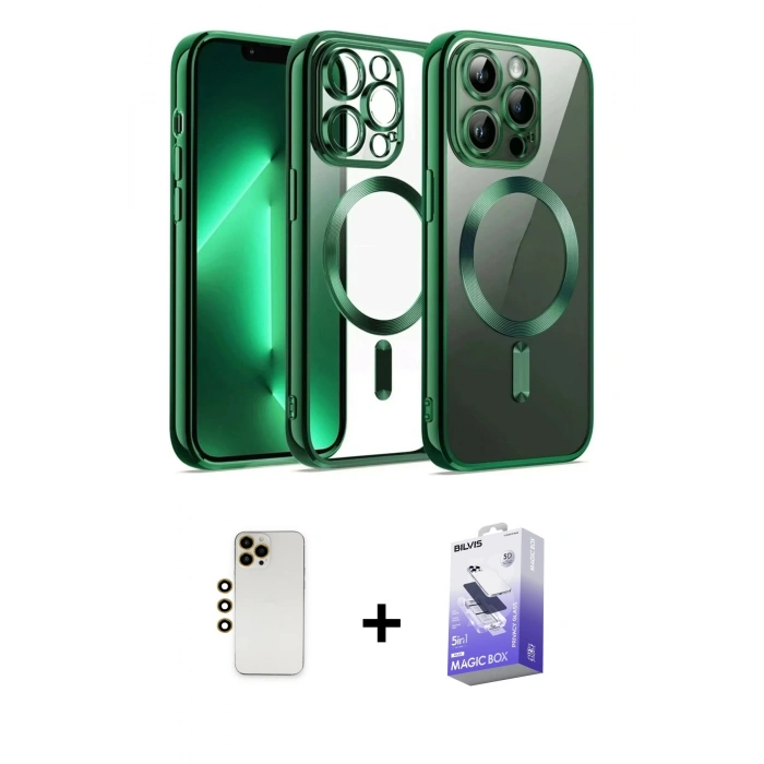 MARSİLYAN™- iPhone 13 Pro Max Kılıf Nova Işık Özel Seri - Siyah Bilvis 5in1 5D Magic Hayalet Cam Ekran Koruyucu + Shine Kamera Lens - GD