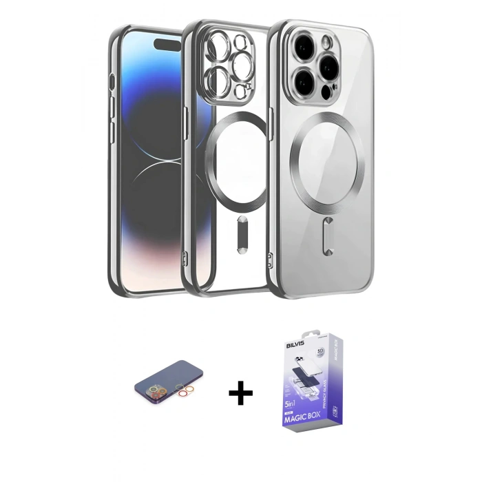 MARSİLYAN™- iPhone 13 Pro Max Kılıf Nova Işık Özel Seri - Siyah Bilvis 5in1 5D Magic Hayalet Cam Ekran Koruyucu + Renkli Kamera Lens Koruma Cam - TU