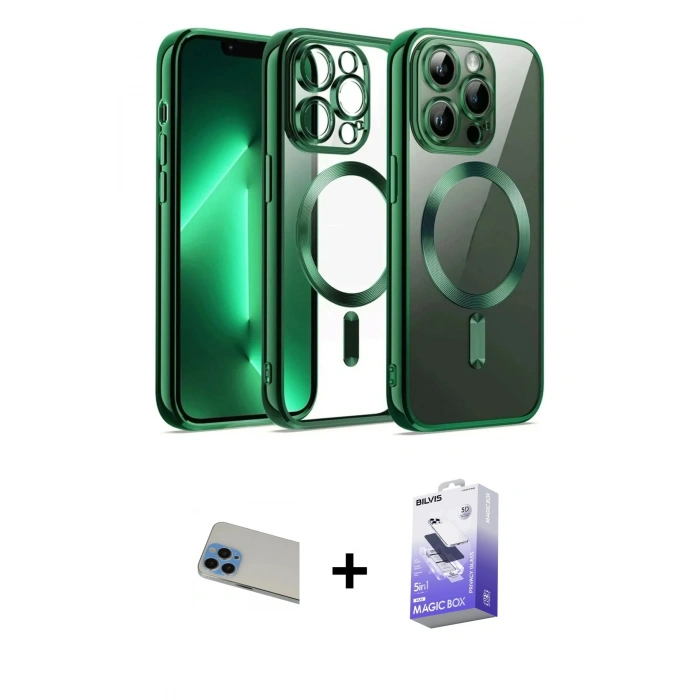 MARSİLYAN™- iPhone 13 Pro Max Kılıf Nova Işık Özel Seri - Siyah Bilvis 5in1 5D Magic Hayalet Cam Ekran Koruyucu + Rainbow Kamera Lens Koruma Cam - MI