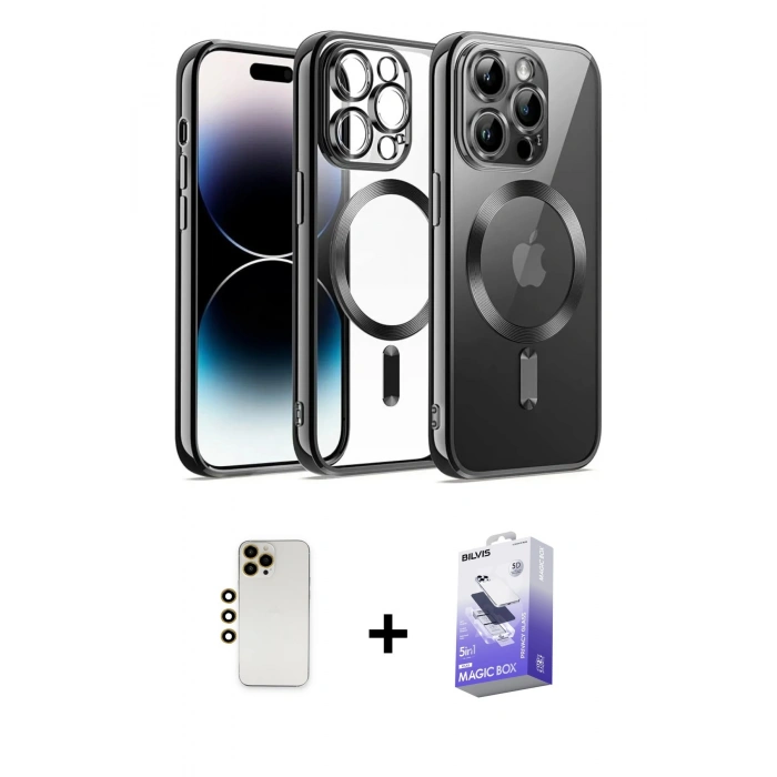 MARSİLYAN™- iPhone 13 Pro Max Kılıf Nova Işık Özel Seri - Siyah Bilvis 5in1 5D Magic Hayalet Cam Ekran Koruyucu + Shine Kamera Lens - GD