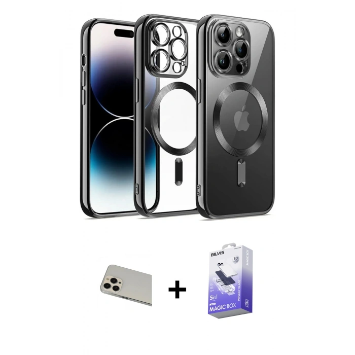 MARSİLYAN™- iPhone 13 Pro Max Kılıf Nova Işık Özel Seri - Siyah Bilvis 5in1 5D Magic Hayalet Cam Ekran Koruyucu + Rainbow Kamera Lens Koruma Cam - REGD