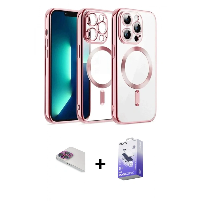 MARSİLYAN™- iPhone 13 Pro Max Kılıf Nova Işık Özel Seri - Siyah Bilvis 5in1 5D Magic Hayalet Cam Ekran Koruyucu + Pers Alüminyum Kamera Lens - GI