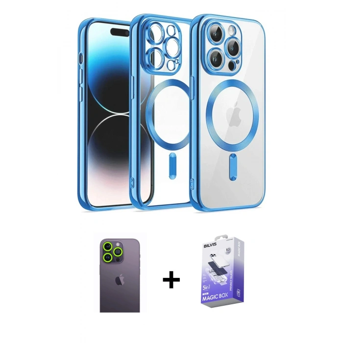 MARSİLYAN™- iPhone 13 Pro Max Kılıf Nova Işık Özel Seri - Siyah Bilvis 5in1 5D Magic Hayalet Cam Ekran Koruyucu + Neon Fosforlu Kamera Lens - YL