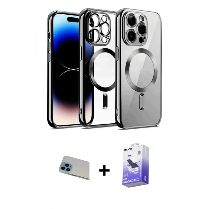MARSİLYAN™- iPhone 13 Pro Max Kılıf Nova Işık Özel Seri - Siyah Bilvis 5in1 5D Magic Hayalet Cam Ekran Koruyucu + Rainbow Kamera Lens Koruma Cam - MI