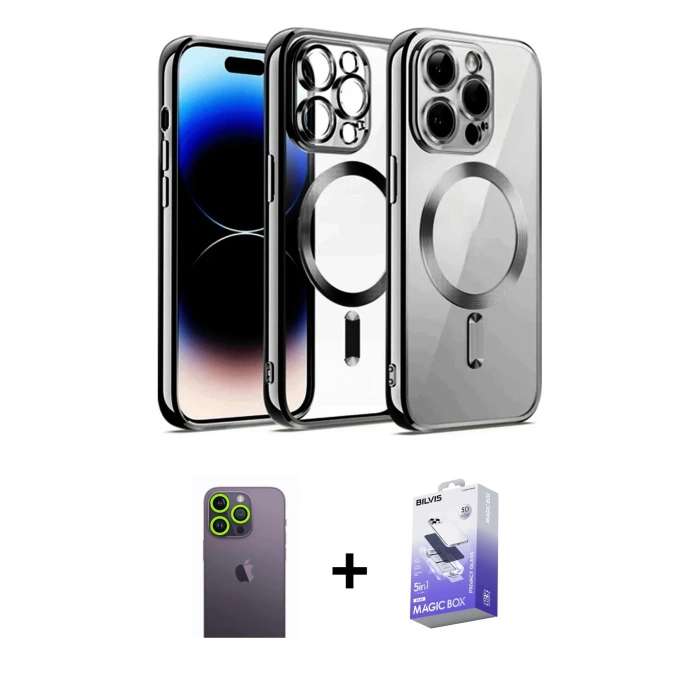 MARSİLYAN™- iPhone 13 Pro Max Kılıf Nova Işık Özel Seri - Siyah Bilvis 5in1 5D Magic Hayalet Cam Ekran Koruyucu + Neon Fosforlu Kamera Lens - YL