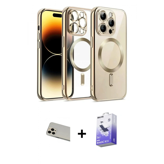 MARSİLYAN™- iPhone 13 Pro Max Kılıf Nova Işık Özel Seri - Siyah Bilvis 5in1 5D Magic Hayalet Cam Ekran Koruyucu + Rainbow Kamera Lens Koruma Cam - REGD