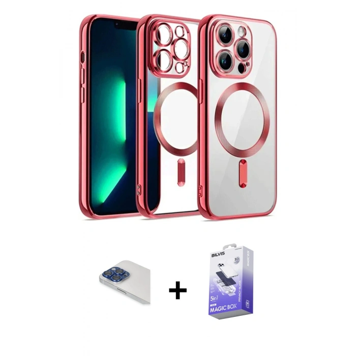 MARSİLYAN™- iPhone 13 Pro Max Kılıf Nova Işık Özel Seri - Siyah Bilvis 5in1 5D Magic Hayalet Cam Ekran Koruyucu + Pers Alüminyum Kamera Lens - LT