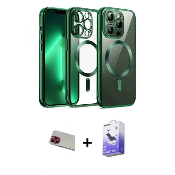 MARSİLYAN™- iPhone 13 Pro Max Kılıf Nova Işık Özel Seri - Siyah Bilvis 5in1 5D Magic Hayalet Cam Ekran Koruyucu + Rainbow Kamera Lens Koruma Cam - KI