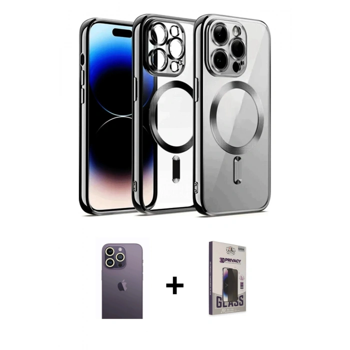 MARSİLYAN™- iPhone 13 Pro Max Kılıf Nova Işık Özel Seri - Siyah Bilvis Hayalet Cam Ekran Koruyucu + Neon Fosforlu Kamera Lens - BZ