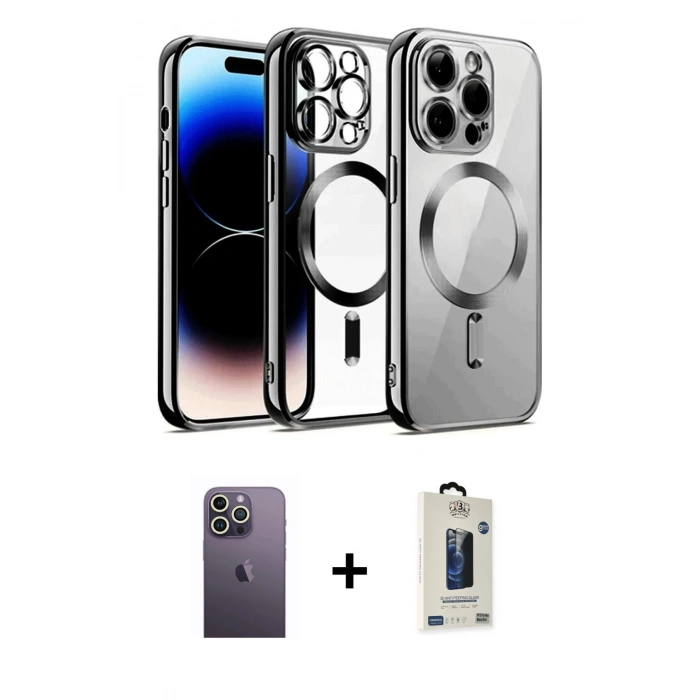 MARSİLYAN™- iPhone 13 Pro Max Kılıf Nova Işık Özel Seri - Siyah Bilvis Hayalet Cam Ekran Koruyucu + Neon Fosforlu Kamera Lens - BZ