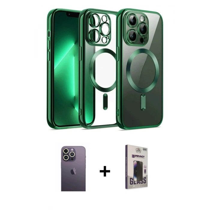 MARSİLYAN™- iPhone 13 Pro Max Kılıf Nova Işık Özel Seri - Siyah Bilvis Hayalet Cam Ekran Koruyucu + Neon Fosforlu Kamera Lens - BZ