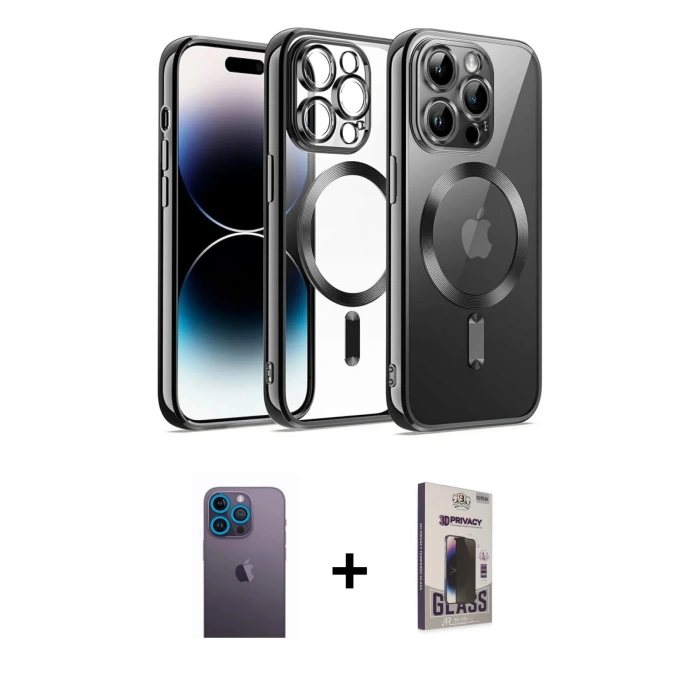 MARSİLYAN™- iPhone 13 Pro Max Kılıf Nova Işık Özel Seri - Siyah Bilvis Hayalet Cam Ekran Koruyucu + Mavi Neon Fosforlu Kamera Lens