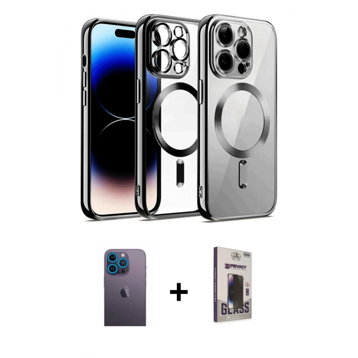 MARSİLYAN™- iPhone 13 Pro Max Kılıf Nova Işık Özel Seri - Siyah Bilvis Hayalet Cam Ekran Koruyucu + Mavi Neon Fosforlu Kamera Lens