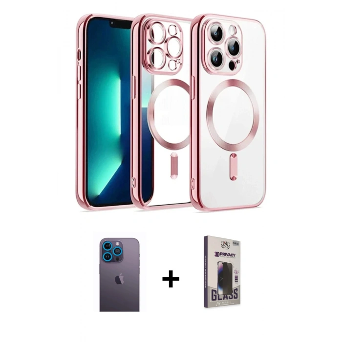 MARSİLYAN™- iPhone 13 Pro Max Kılıf Nova Işık Özel Seri - Siyah Bilvis Hayalet Cam Ekran Koruyucu + Mavi Neon Fosforlu Kamera Lens