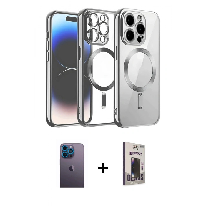MARSİLYAN™- iPhone 13 Pro Max Kılıf Nova Işık Özel Seri - Siyah Bilvis Hayalet Cam Ekran Koruyucu + Mavi Neon Fosforlu Kamera Lens