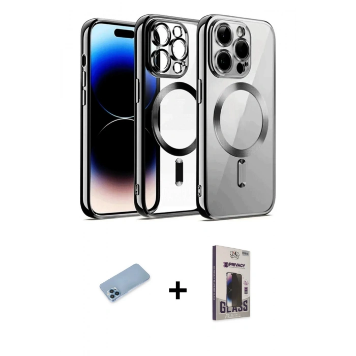 MARSİLYAN™- iPhone 13 Pro Max Kılıf Nova Işık Özel Seri - Siyah Bilvis Hayalet Cam Ekran Koruyucu + Shine Kamera Lens Koruma Cam - MI