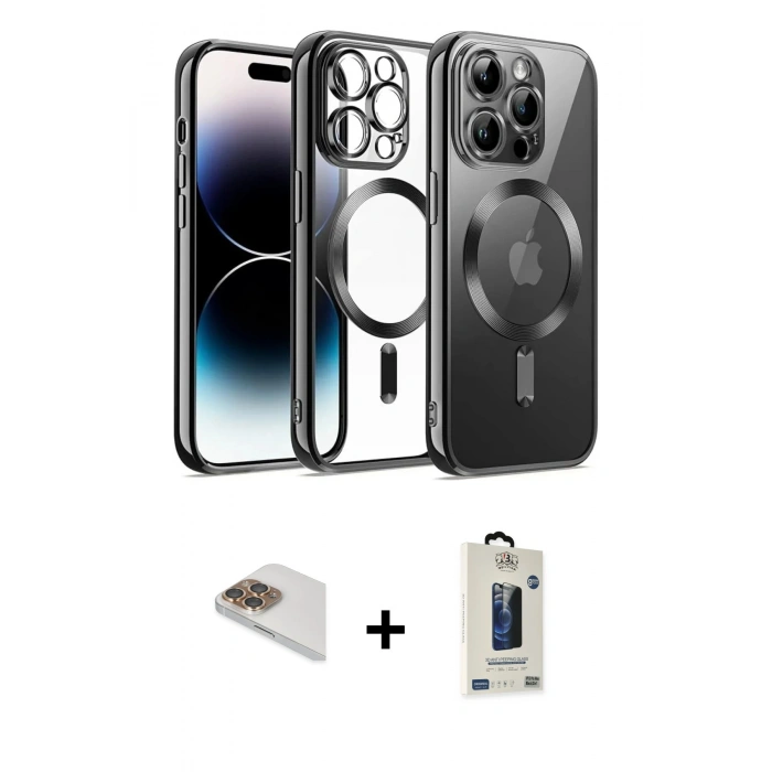 MARSİLYAN™- iPhone 13 Pro Max Kılıf Nova Işık Özel Seri - Siyah Bilvis Hayalet Cam Ekran Koruyucu + Pers Alüminyum Kamera Lens - GD