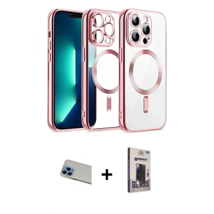 MARSİLYAN™- iPhone 13 Pro Max Kılıf Nova Işık Özel Seri - Siyah Bilvis Hayalet Cam Ekran Koruyucu + Rainbow Kamera Lens Koruma Cam - MI