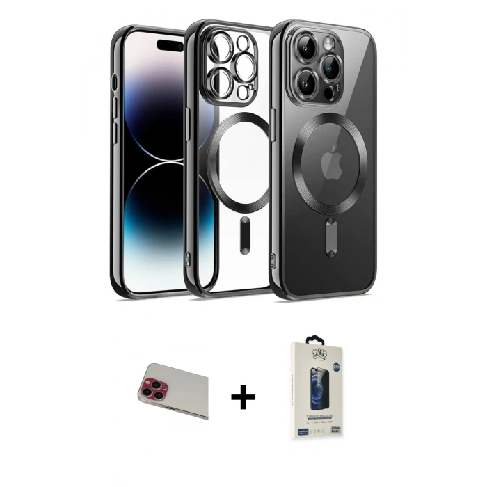 MARSİLYAN™- iPhone 13 Pro Max Kılıf Nova Işık Özel Seri - Siyah Bilvis Hayalet Cam Ekran Koruyucu + Rainbow Kamera Lens Koruma Cam - KI