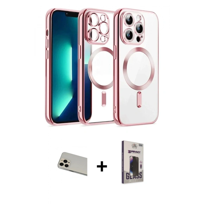 MARSİLYAN™- iPhone 13 Pro Max Kılıf Nova Işık Özel Seri - Siyah Bilvis Hayalet Cam Ekran Koruyucu + Rose Gold Rainbow Kamera Lens Koruma Cam