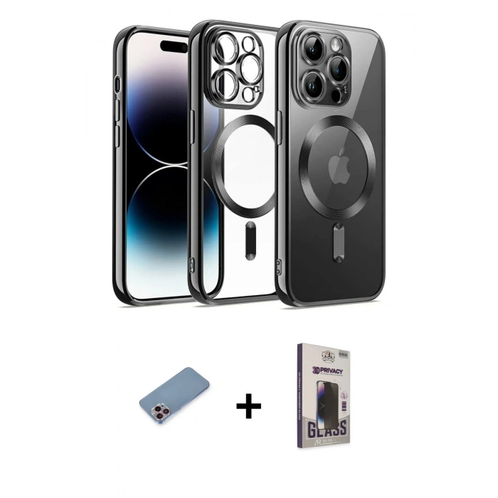 MARSİLYAN™- iPhone 13 Pro Max Kılıf Nova Işık Özel Seri - Siyah Bilvis Hayalet Cam Ekran Koruyucu + Shine Kamera Lens Koruma Cam - PE