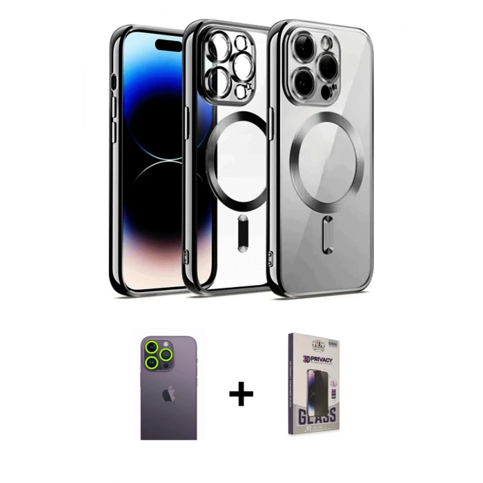MARSİLYAN™- iPhone 13 Pro Max Kılıf Nova Işık Özel Seri - Siyah Bilvis Hayalet Cam Ekran Koruyucu + Neon Fosforlu Kamera Lens - YL