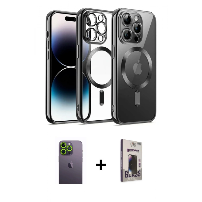 MARSİLYAN™- iPhone 13 Pro Max Kılıf Nova Işık Özel Seri - Siyah Bilvis Hayalet Cam Ekran Koruyucu + Neon Fosforlu Kamera Lens - YL