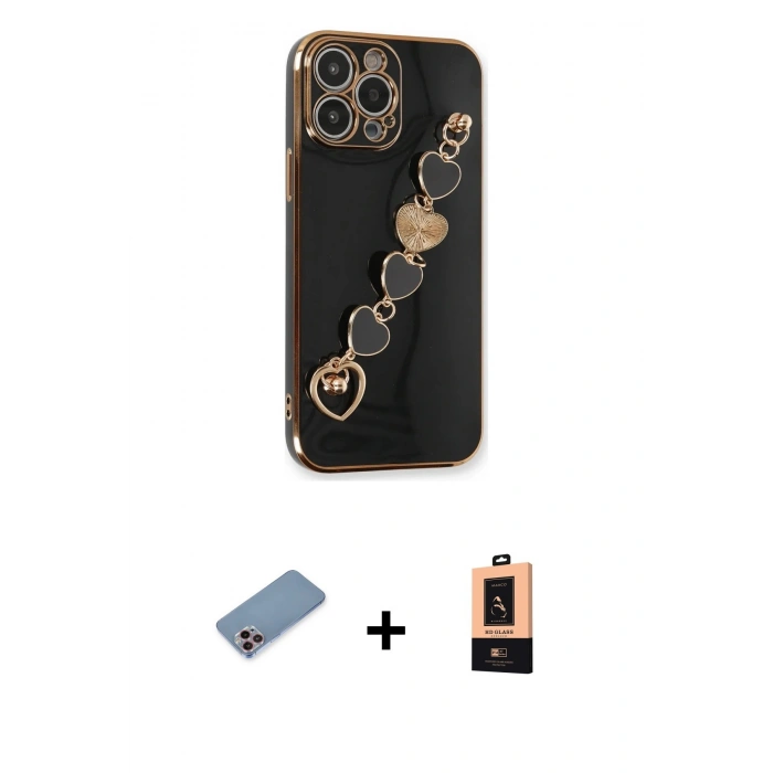 MARSİLYAN™- iPhone 13 Pro Max Kılıf Nova Işık Prime - Şeffaf Maxco Cam Ekran Koruyucu + Pembe Shine Kamera Lens Koruma Cam