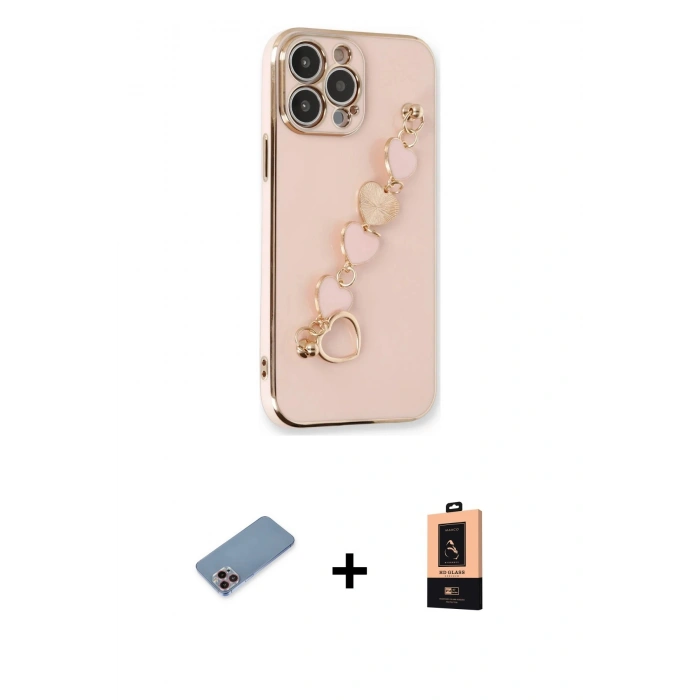 MARSİLYAN™- iPhone 13 Pro Max Kılıf Nova Işık Prime - Şeffaf Maxco Cam Ekran Koruyucu + Pembe Shine Kamera Lens Koruma Cam