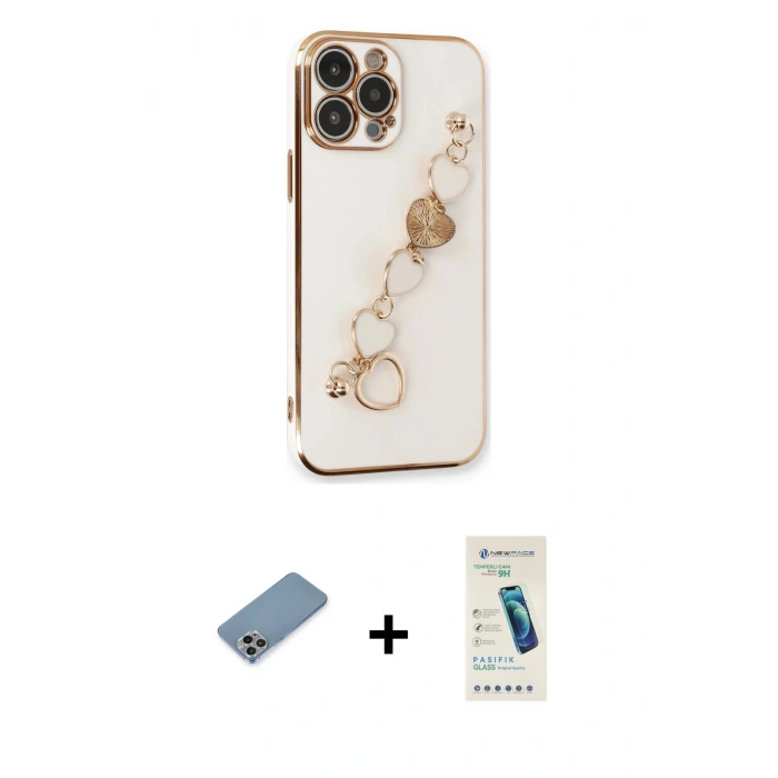 MARSİLYAN™- iPhone 13 Pro Max Kılıf Nova Işık Prime - Şeffaf Pasifik Cam Ekran Koruyucu + Gökkuşağı Shine Kamera Lens Koruma Cam