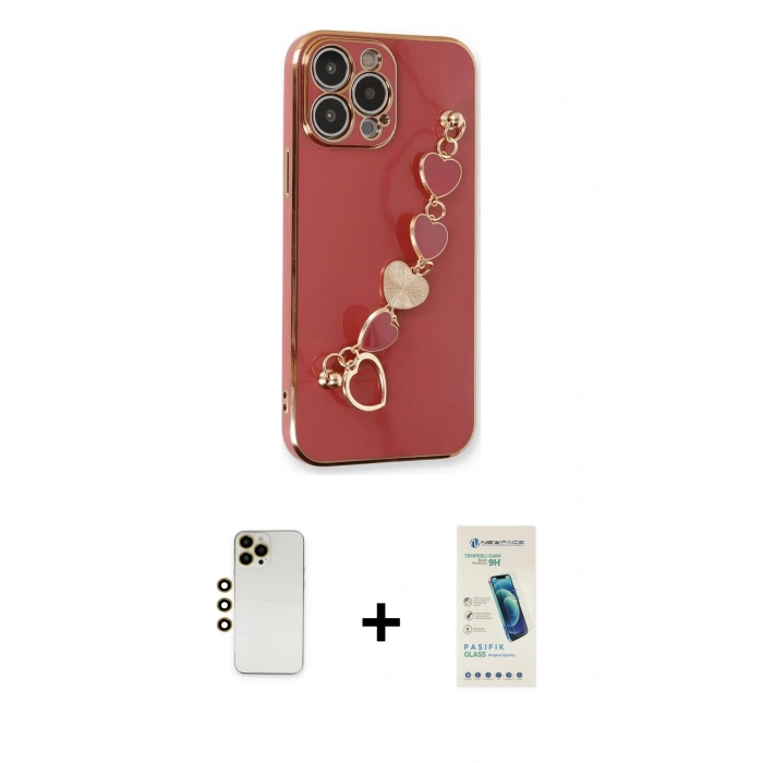 MARSİLYAN™- iPhone 13 Pro Max Kılıf Nova Işık Prime - Şeffaf Pasifik Cam Ekran Koruyucu + Gold Shine Kamera Lens