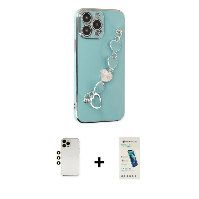 MARSİLYAN™- iPhone 13 Pro Max Kılıf Nova Işık Prime - Şeffaf Pasifik Cam Ekran Koruyucu + Gold Shine Kamera Lens