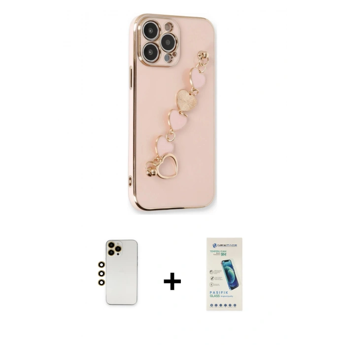 MARSİLYAN™- iPhone 13 Pro Max Kılıf Nova Işık Prime - Şeffaf Pasifik Cam Ekran Koruyucu + Gold Shine Kamera Lens
