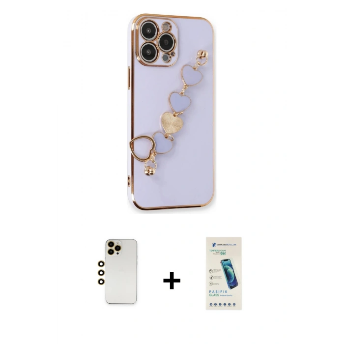 MARSİLYAN™- iPhone 13 Pro Max Kılıf Nova Işık Prime - Şeffaf Pasifik Cam Ekran Koruyucu + Gold Shine Kamera Lens