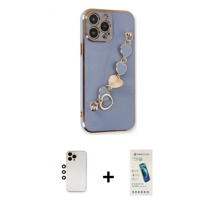 MARSİLYAN™- iPhone 13 Pro Max Kılıf Nova Işık Prime - Şeffaf Pasifik Cam Ekran Koruyucu + Gold Shine Kamera Lens