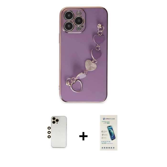 MARSİLYAN™- iPhone 13 Pro Max Kılıf Nova Işık Prime - Şeffaf Pasifik Cam Ekran Koruyucu + Gold Shine Kamera Lens