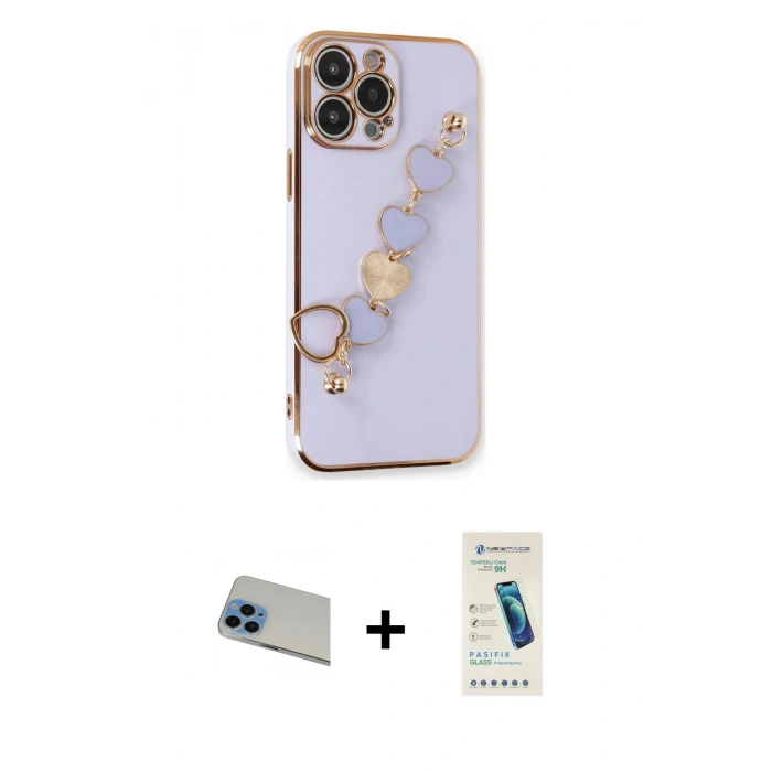 MARSİLYAN™- iPhone 13 Pro Max Kılıf Nova Işık Prime - Şeffaf Pasifik Cam Ekran Koruyucu + Mavi Rainbow Kamera Lens Koruma Cam