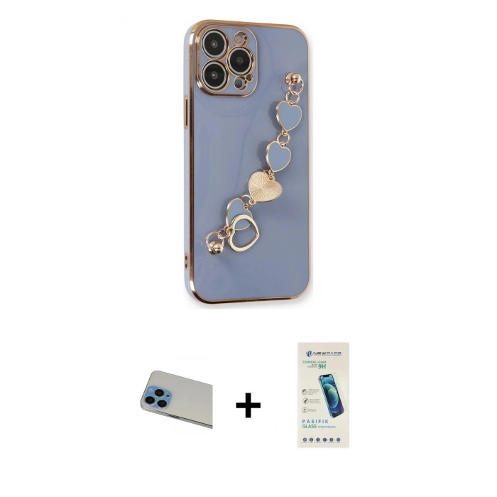 MARSİLYAN™- iPhone 13 Pro Max Kılıf Nova Işık Prime - Şeffaf Pasifik Cam Ekran Koruyucu + Mavi Rainbow Kamera Lens Koruma Cam