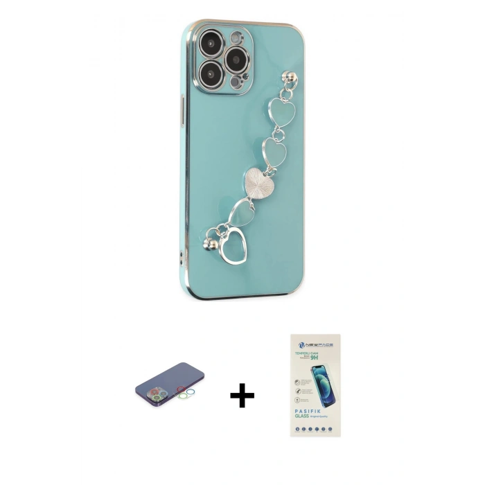 MARSİLYAN™- iPhone 13 Pro Max Kılıf Nova Işık Prime - Şeffaf Pasifik Cam Ekran Koruyucu + Mavi Renkli Kamera Lens Koruma Cam