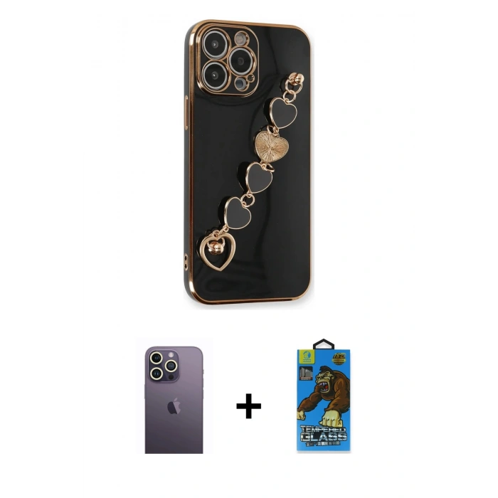 MARSİLYAN™- iPhone 13 Pro Max Kılıf Nova Işık Prime - Siyah 18D Cam Ekran Koruyucu + Neon Fosforlu Kamera Lens - BZ